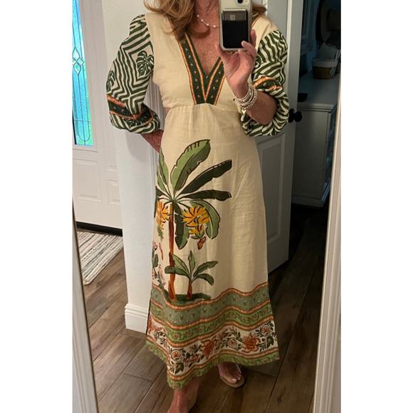 FARM RIO Palm V-Neck Long Sleeve Midi Dress Size Small - Picture 1 of 12